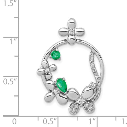 14k White Gold Real Diamond & Emerald Flower Pendant
