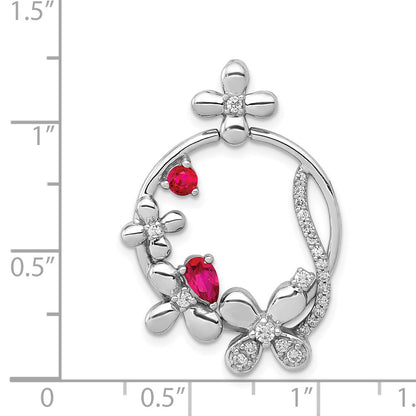 14k White Gold Real Diamond & .44 Ruby Flower Circle Pendant
