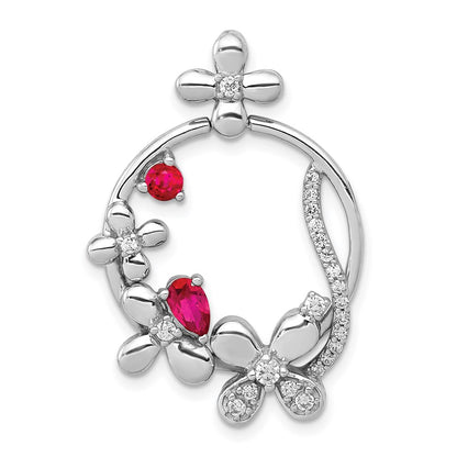 14k White Gold Real Diamond & .44 Ruby Flower Circle Pendant