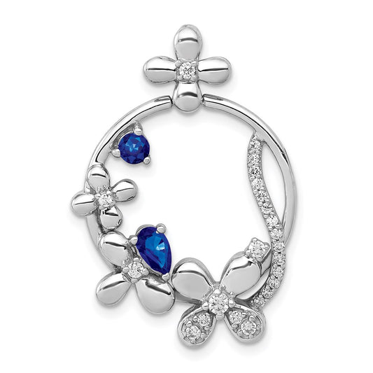 14k White Gold Real Diamond & Sapphire Circle Flowers Pendant