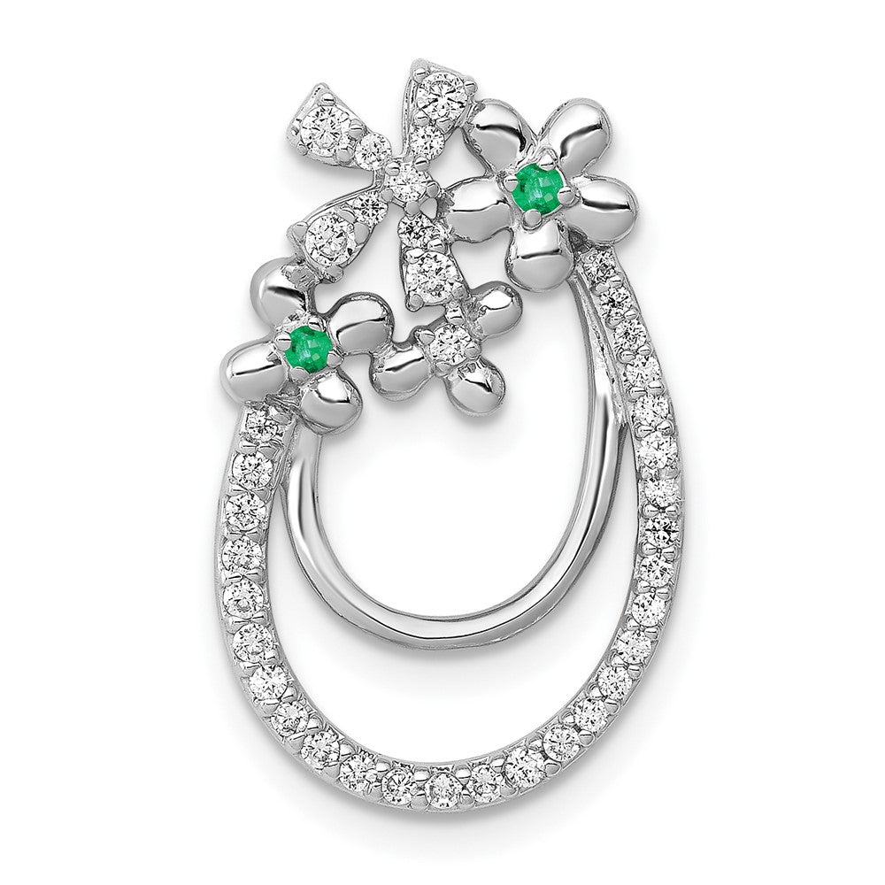 14k White Gold Real Diamond and Emerald Flower Chain Slide