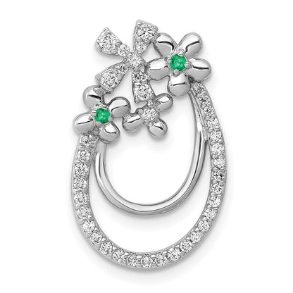 14k White Gold Real Diamond and Emerald Flower Chain Slide