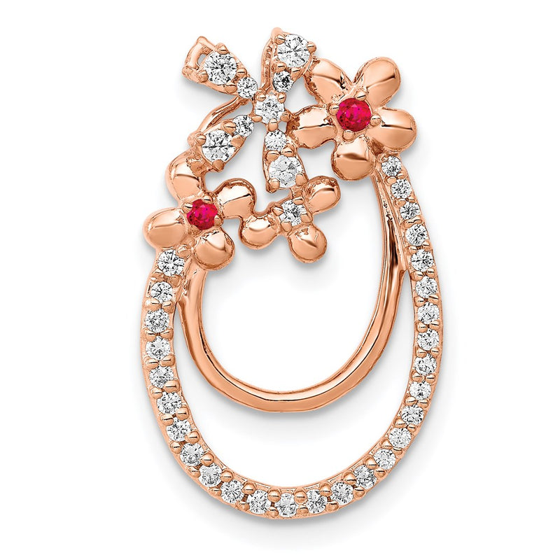 14k Rose Gold Real Diamond & .04 Ruby Flower Chain Slide