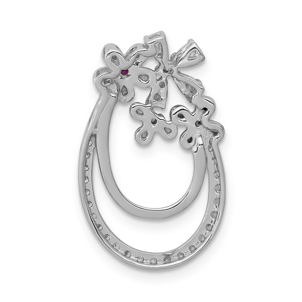 14k White Gold Real Diamond and .04 Ruby Flower Chain Slide