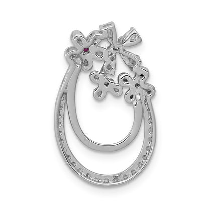 14k White Gold Real Diamond and .04 Ruby Flower Chain Slide