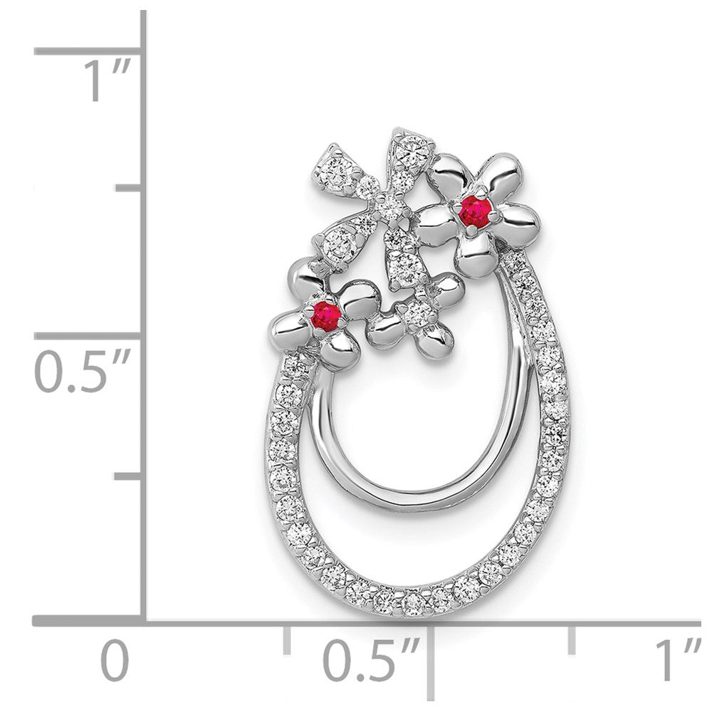 14k White Gold Real Diamond and .04 Ruby Flower Chain Slide