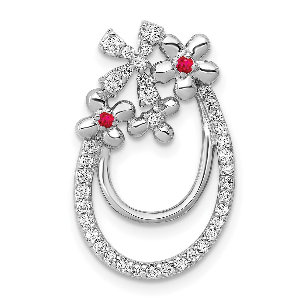 14k White Gold Real Diamond and .04 Ruby Flower Chain Slide