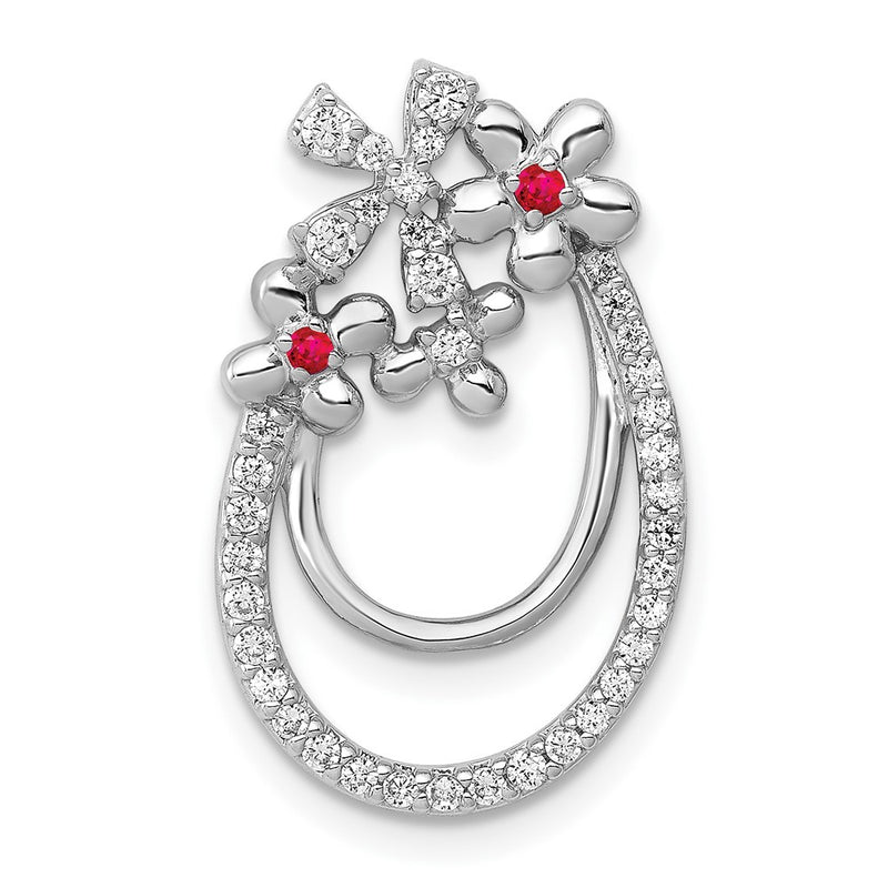 14k White Gold Real Diamond and .04 Ruby Flower Chain Slide