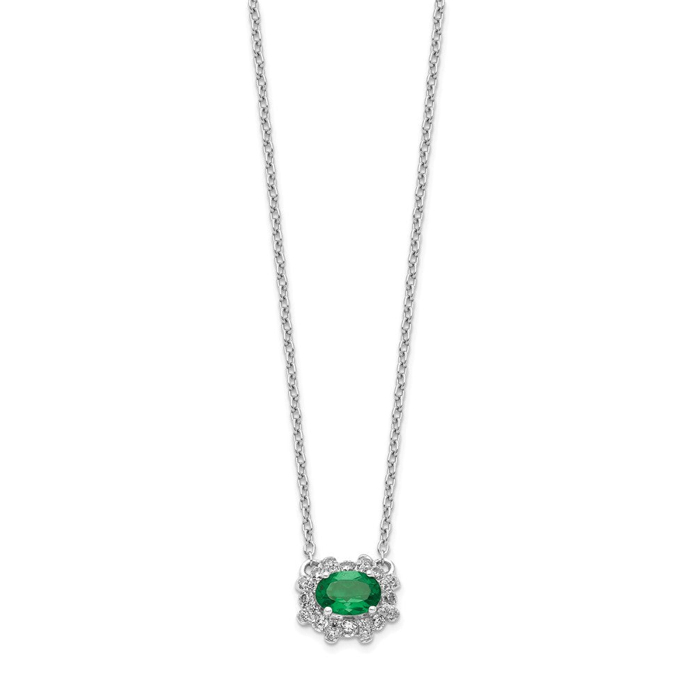14k White Gold Real Diamond and Oval Emerald 18 inch Necklace