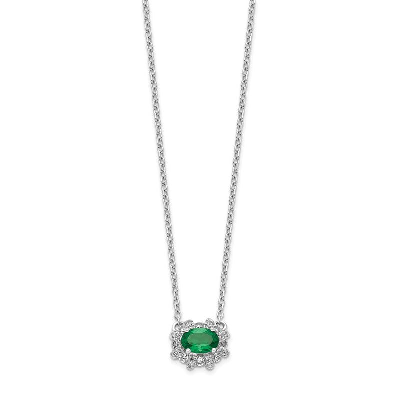 14k White Gold Real Diamond and Oval Emerald 18 inch Necklace