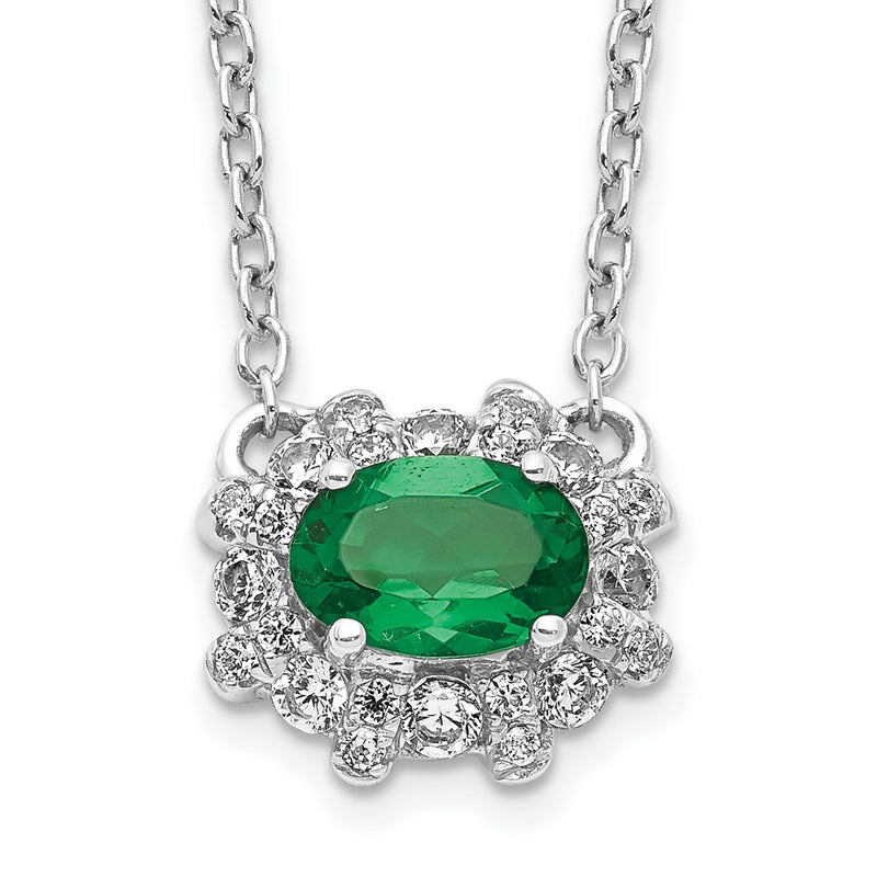 14k White Gold Real Diamond and Oval Emerald 18 inch Necklace