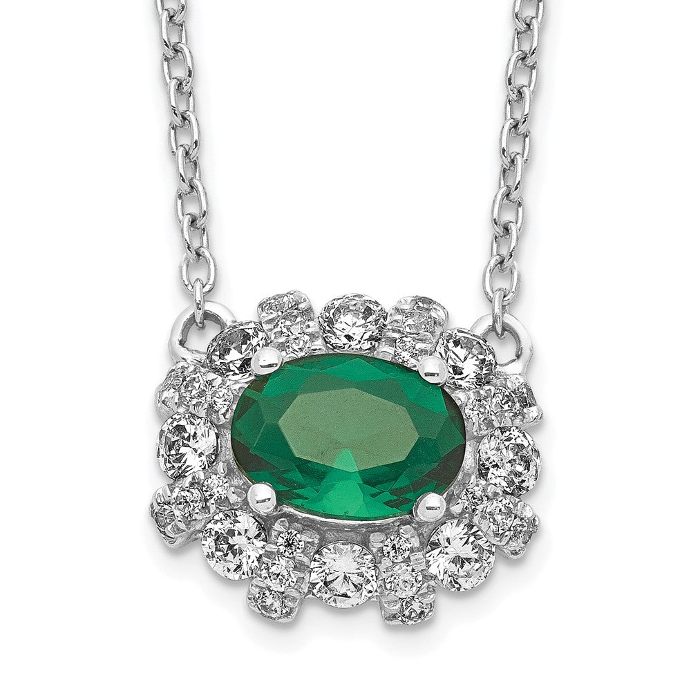 14k White Gold Real Diamond and Oval Emerald 18 inch Necklace