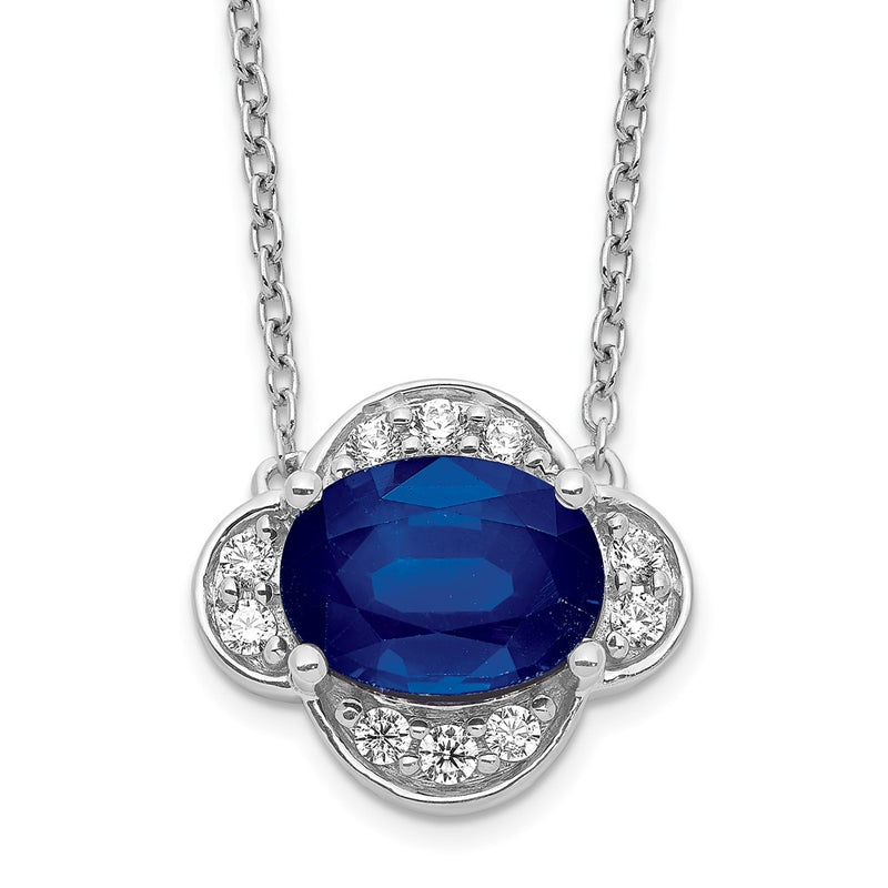 14k White Gold Real Diamond and Oval Sapphire 18 inch Necklace