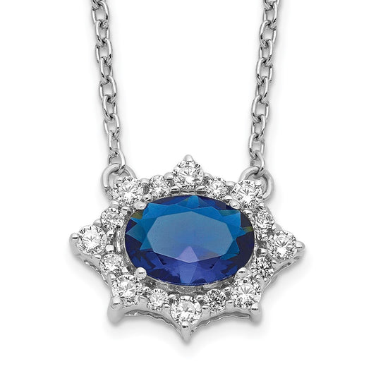 14k White Gold Real Diamond and Oval Sapphire 18 inch Necklace