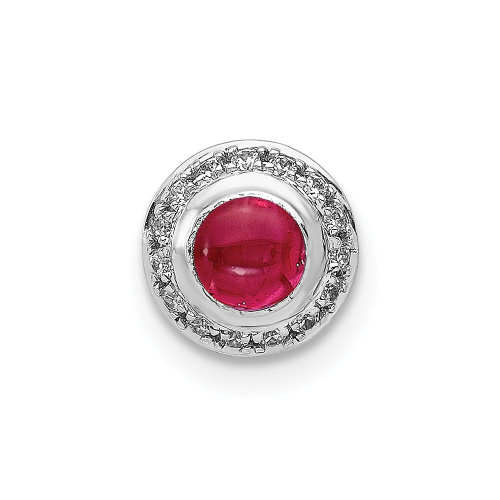 Solid 14k White Gold Simulated CZ and Cabochon .38 Ruby Halo Chain Slide
