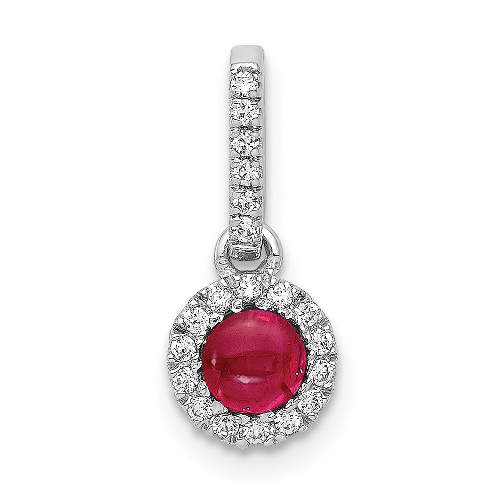 14k White Gold Real Diamond and Cabochon Ruby Halo Pendant