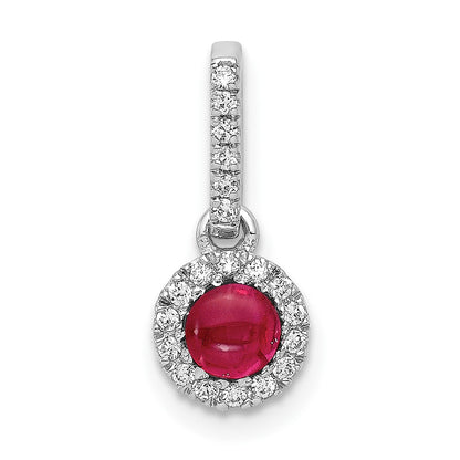 14k White Gold Real Diamond and Cabochon Ruby Halo Pendant