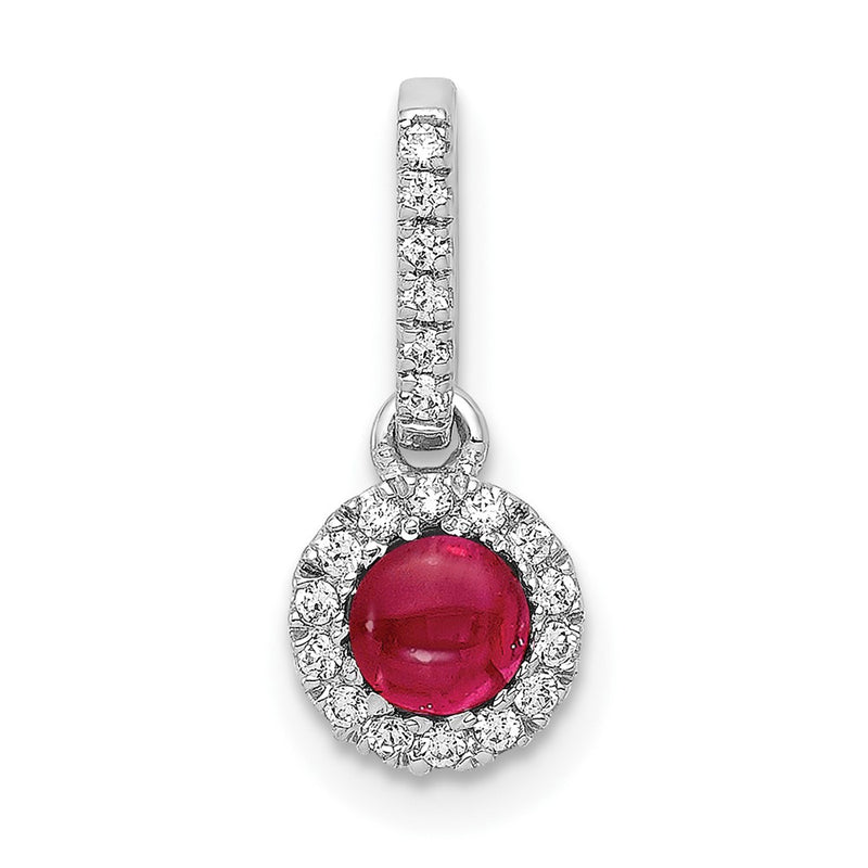 14k White Gold Real Diamond and Cabochon Ruby Halo Pendant