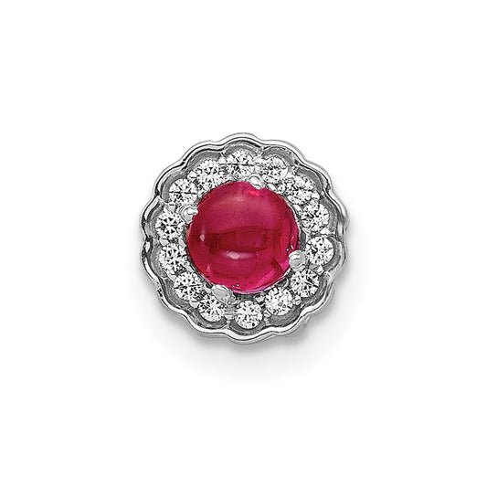 Solid 14k White Gold Simulated CZ and Cabochon .38 Ruby Chain Slide