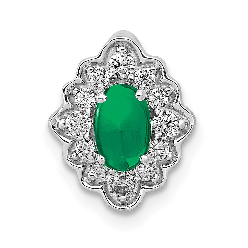 14k White Gold Fancy Halo Real Diamond and Cabochon Emerald Chain Slide