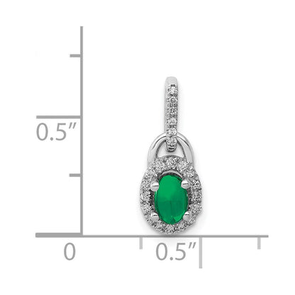 14k White Gold Halo Real Diamond and Cabochon Emerald Pendant