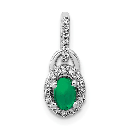 14k White Gold Halo Real Diamond and Cabochon Emerald Pendant