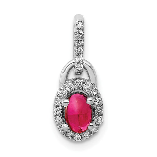 14k White Gold Real Diamond and Cabochon Ruby Pendant