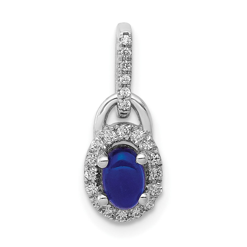 14k White Gold Halo Real Diamond and Cabochon Sapphire Pendant