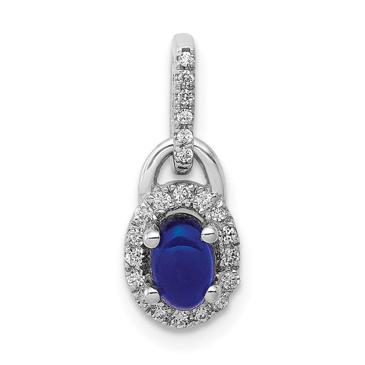14k White Gold Halo Real Diamond and Cabochon Sapphire Pendant