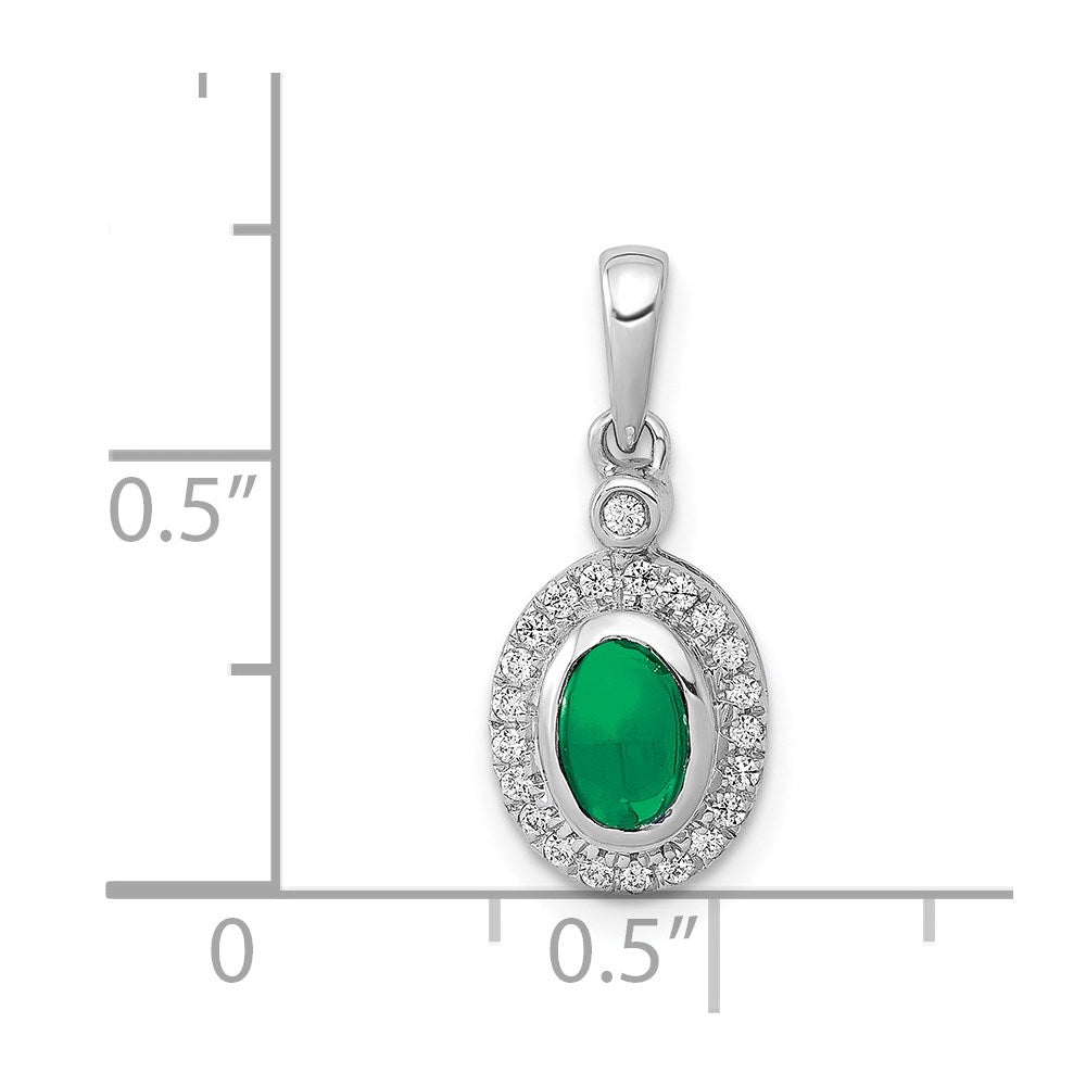 14k White Gold Halo Real Diamond and Cabochon Emerald Pendant