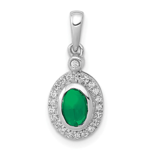 14k White Gold Halo Real Diamond and Cabochon Emerald Pendant