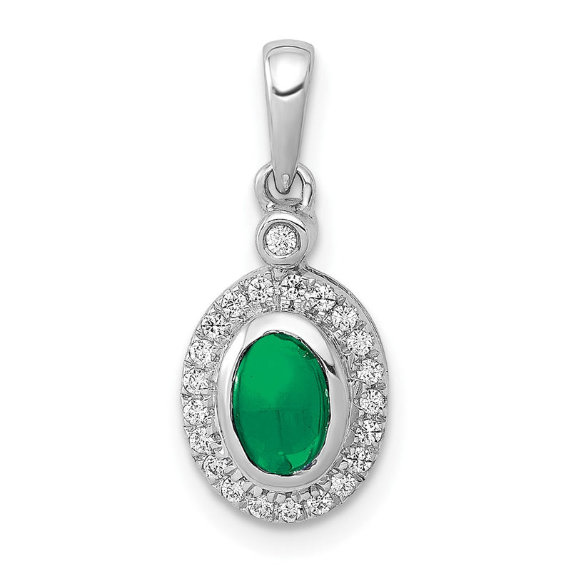14k White Gold Halo Real Diamond and Cabochon Emerald Pendant