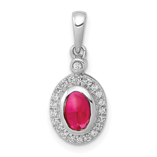 14k White Gold Real Diamond and Cabochon Ruby Halo Pendant