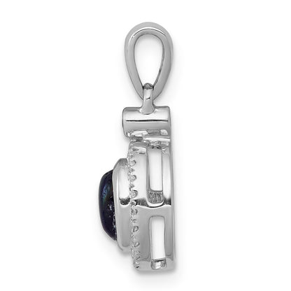 14k White Gold Halo Real Diamond and Cabochon Sapphire Pendant