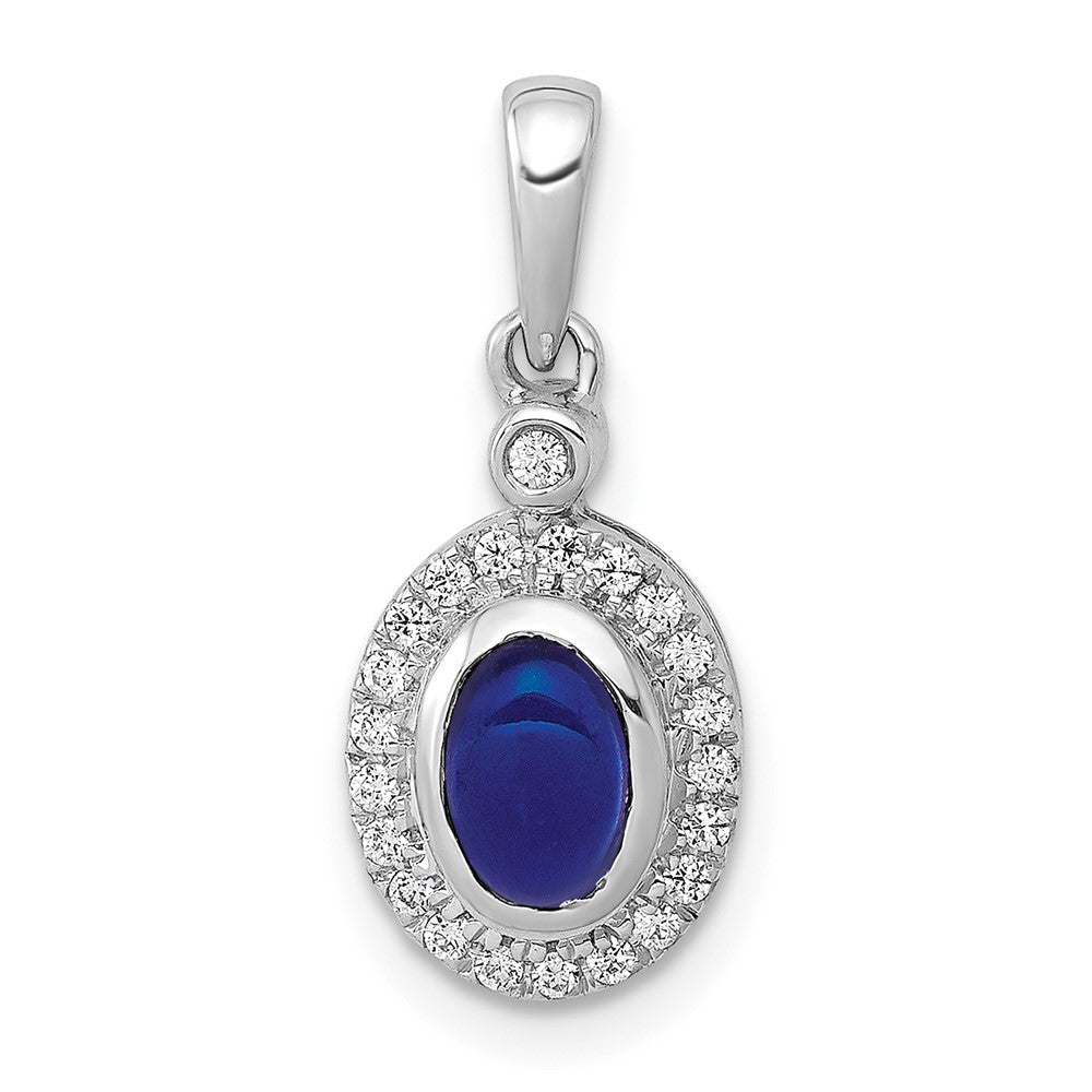 14k White Gold Halo Real Diamond and Cabochon Sapphire Pendant