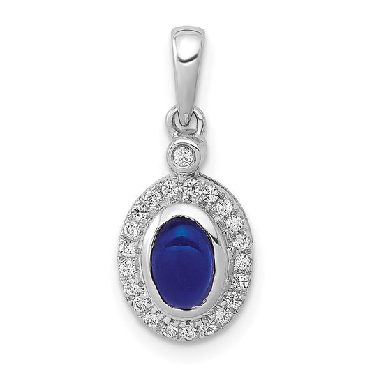 14k White Gold Halo Real Diamond and Cabochon Sapphire Pendant