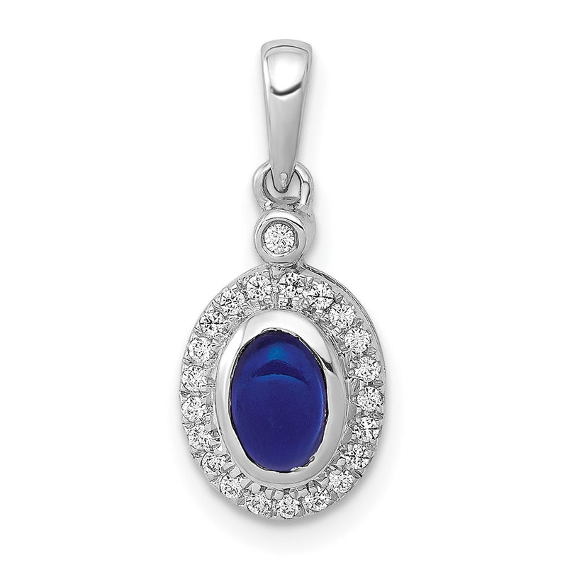 14k White Gold Halo Real Diamond and Cabochon Sapphire Pendant