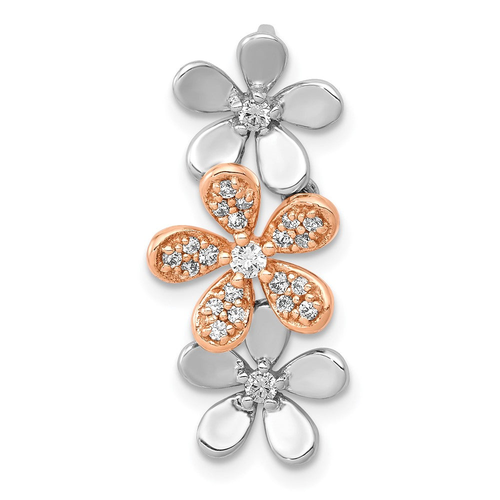 14k Rose and White Gold 1/5ct. Real Diamond Three Flower Chain Slide