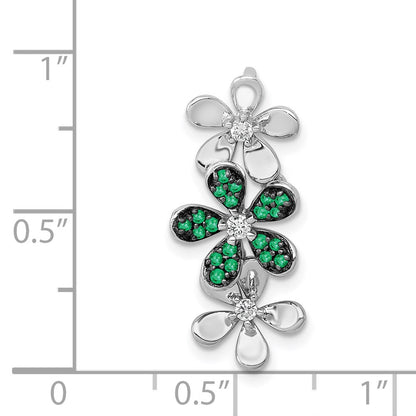 14k White Gold Real Diamond and Emerald 3 Flowers Pendant