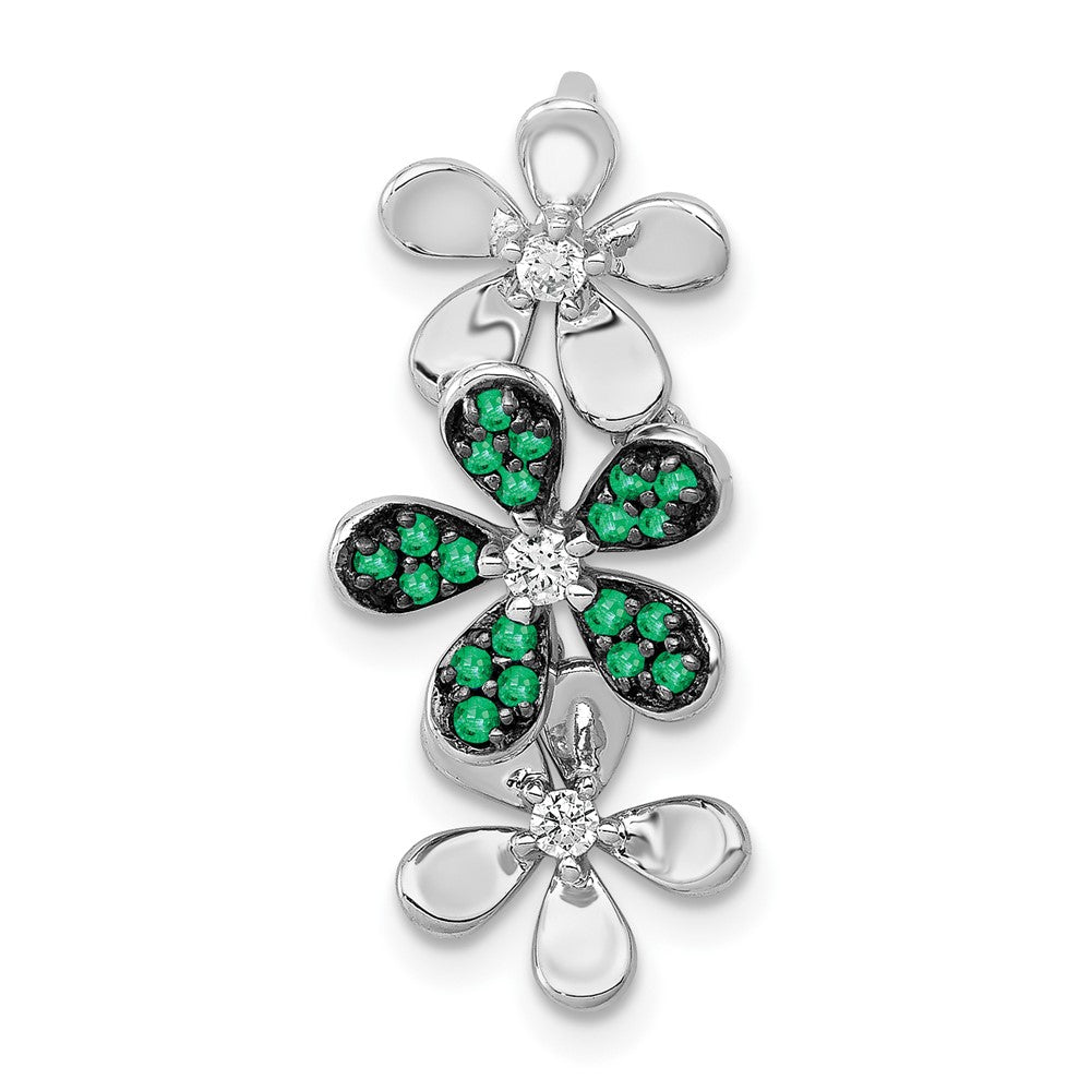 14k White Gold Real Diamond and Emerald 3 Flowers Pendant