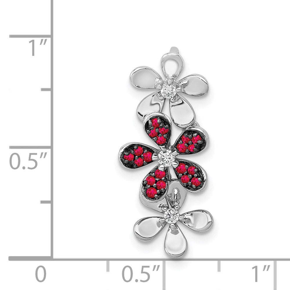 14k White Gold Real Diamond and .14 Ruby Three Flowers Chain Slide