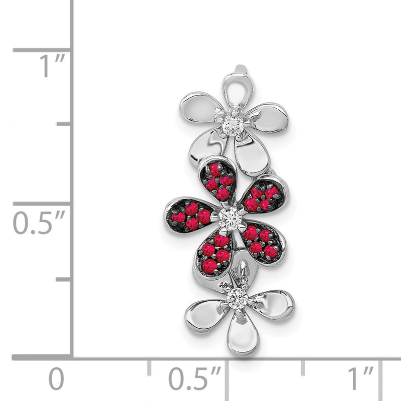 14k White Gold Real Diamond and .14 Ruby Three Flowers Chain Slide