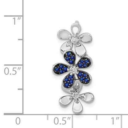 14k White Gold Real Diamond and Sapphire 3 Flowers Pendant