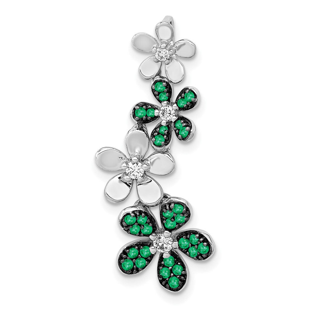 14k White Gold Real Diamond and Emerald 4 Flowers Pendant