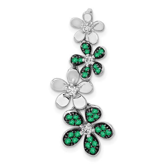 14k White Gold Real Diamond and Emerald 4 Flowers Pendant