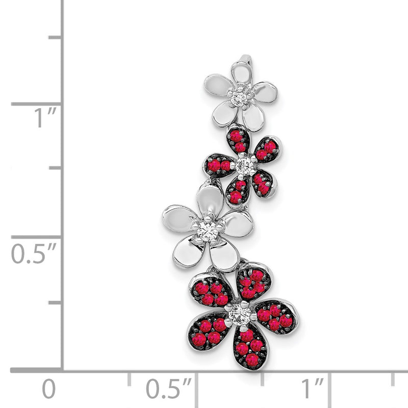 14k White Gold Real Diamond and .29 Ruby Four Flowers Chain Slide