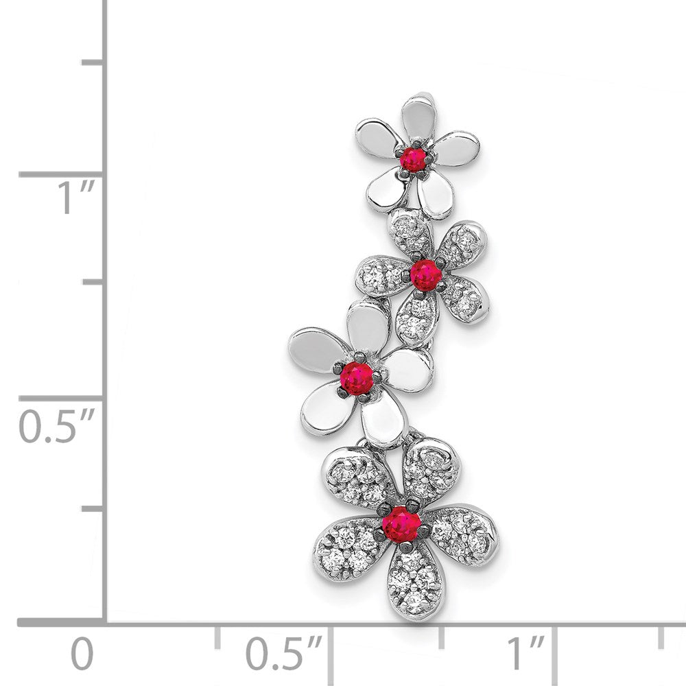 14k White Gold Real Diamond and .19 Ruby Four Flowers Chain Slide