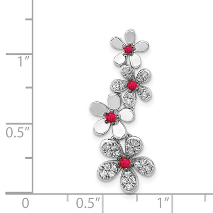 14k White Gold Real Diamond and .19 Ruby Four Flowers Chain Slide