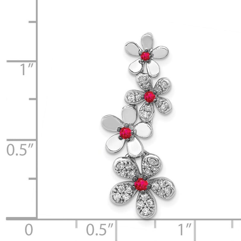 14k White Gold Real Diamond and .19 Ruby Four Flowers Chain Slide