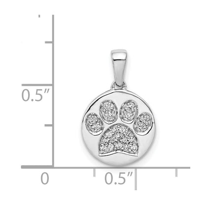 14k White Gold Real Diamond Paw Print in Circle Pendant